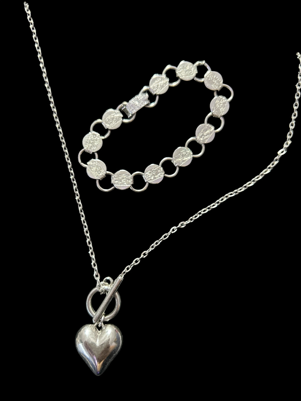 Silver-Plated Heart Necklace & Bracelet Set