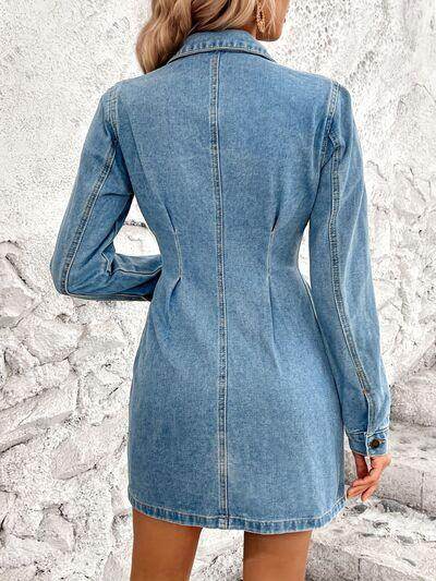 Pocketed Button Up Long Sleeve Denim Dress for Women
