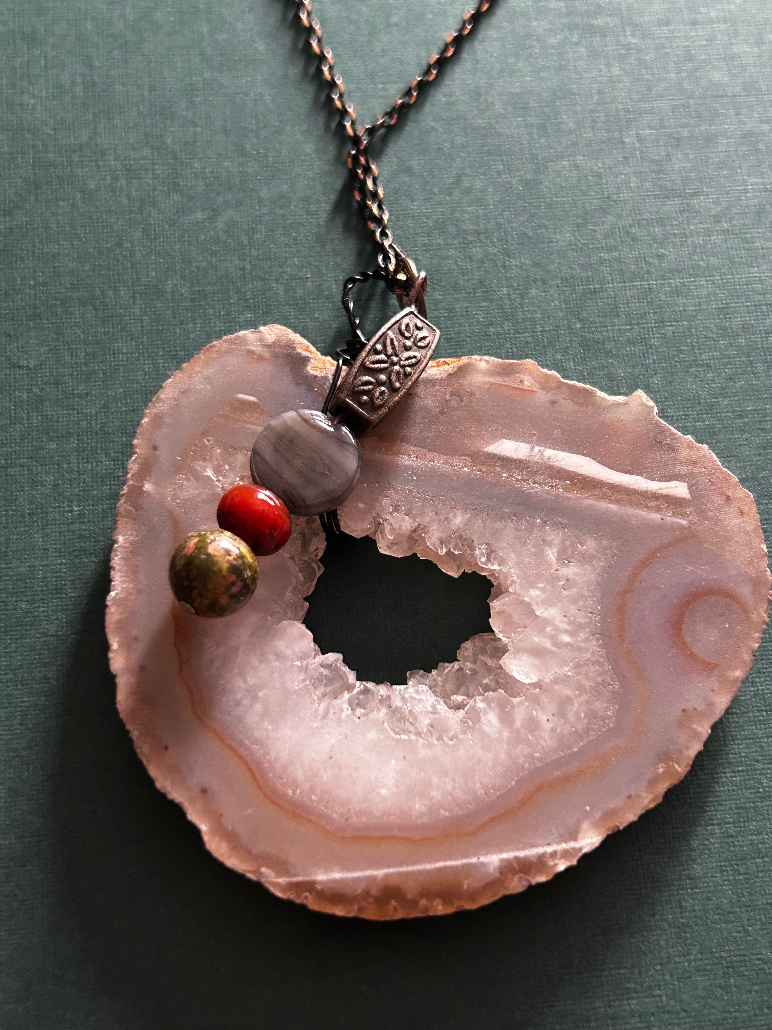 Pink Amethyst Stalactite Geo Slice with bead detail