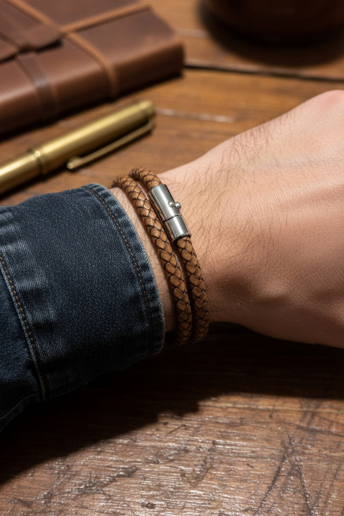 M.C’s tan braided leather men's bracelet with a polished stainless steel magnetic clasp on a wooden surface.